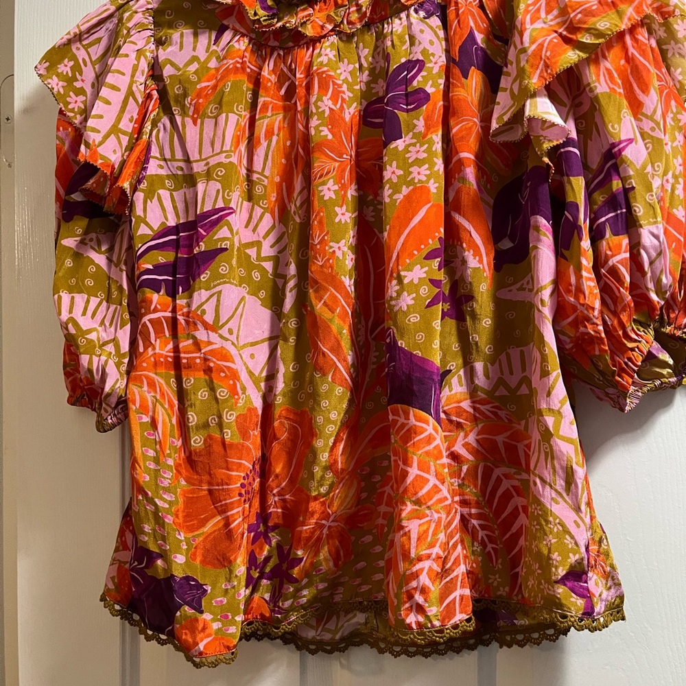 FARM Rio Orange Pink Ruffled Blouse with Peter Pan Collar